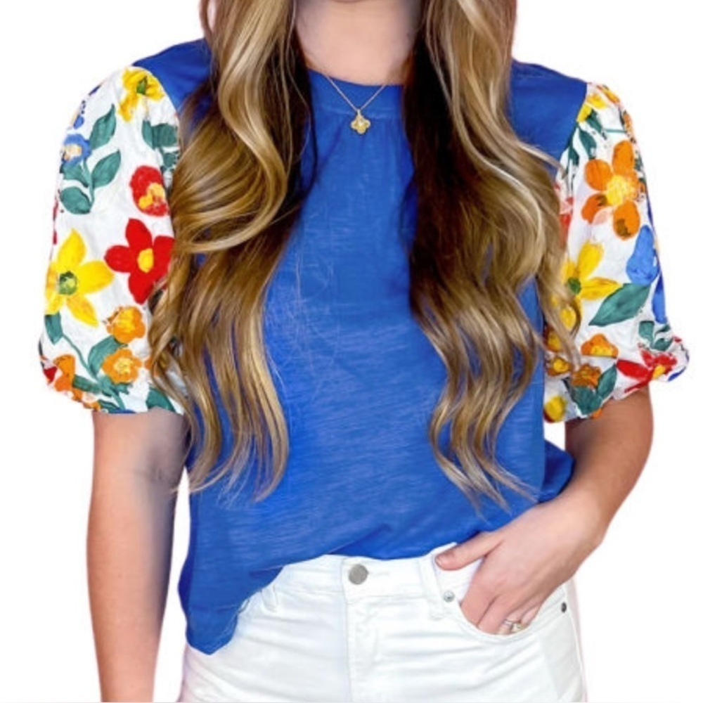 Floral Sleeve Blue Top